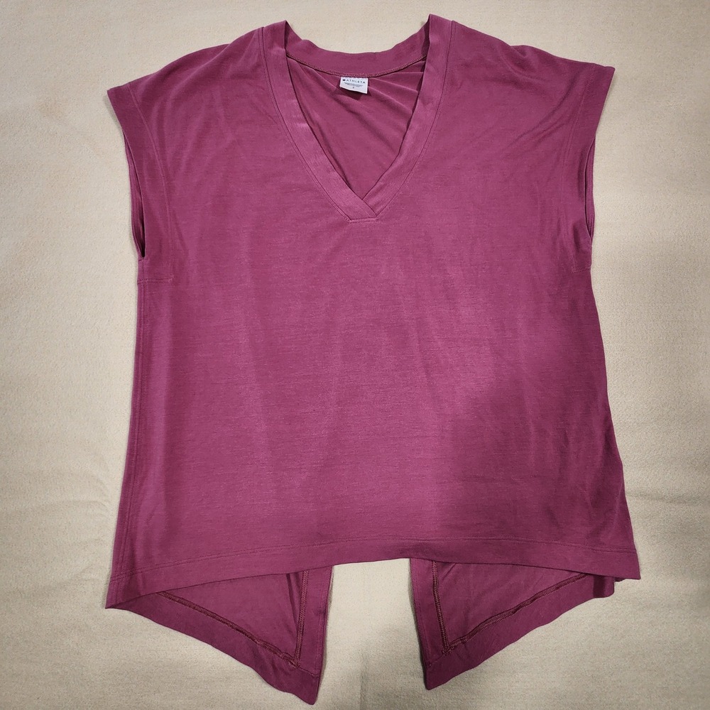 Athleta Top Women Small Petite Purple V-Neck Split Back Activewear Short Sleeve